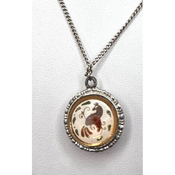 Double-Sided Silver Pendant Necklace With Enamel Peacock & Red Floral Design - Picture 4 of 4